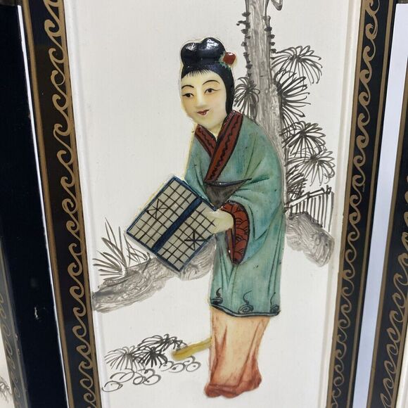 Vtg Asian Handpainted 4 Panel Tabletop Screen Three Dimensional Carved Women 14” - Picture 4 of 12